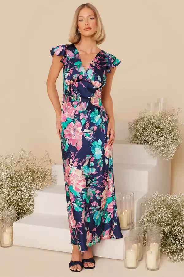 Quiz Clothing Dresses Navy Satin Floral Maxi Dress 8211 Women