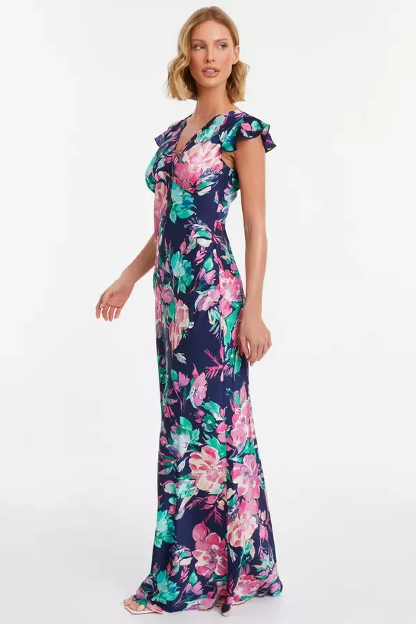 Quiz Clothing Dresses Navy Satin Floral Maxi Dress 8211 Women