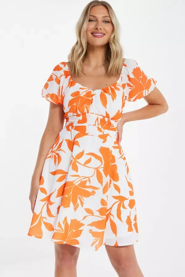 Quiz Clothing Dresses Orange Floral Skater Mini Dress 8211 Women