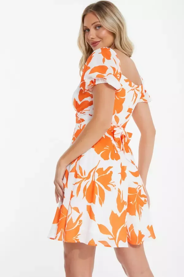 Quiz Clothing Dresses Orange Floral Skater Mini Dress 8211 Women