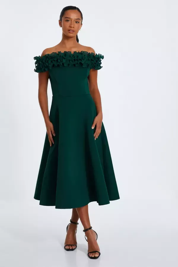 Quiz Clothing Dresses Petite Bottle Green Bardot Ruffle Skater Midi Dress 8211 Women