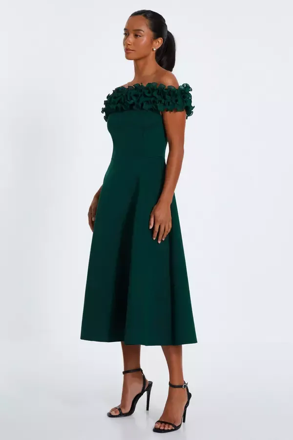 Quiz Clothing Dresses Petite Bottle Green Bardot Ruffle Skater Midi Dress 8211 Women Quiz Clothing Dresses Petite Bottle Green Bardot Ruffle Skater Midi Dress 8211 Women