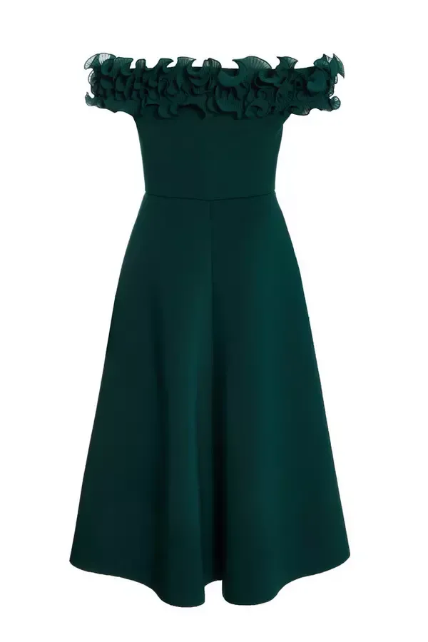 Quiz Clothing Dresses Petite Bottle Green Bardot Ruffle Skater Midi Dress 8211 Women Quiz Clothing Dresses Petite Bottle Green Bardot Ruffle Skater Midi Dress 8211 Women