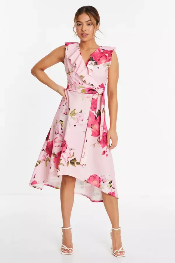 Quiz Clothing Dresses Petite Light Pink Floral Dip Hem Midi Dress 8211 Women