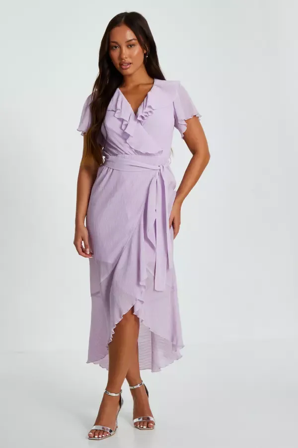 Quiz Clothing Dresses Petite Lilac Crinkle Woven Frill Midaxi Dress 8211 Women