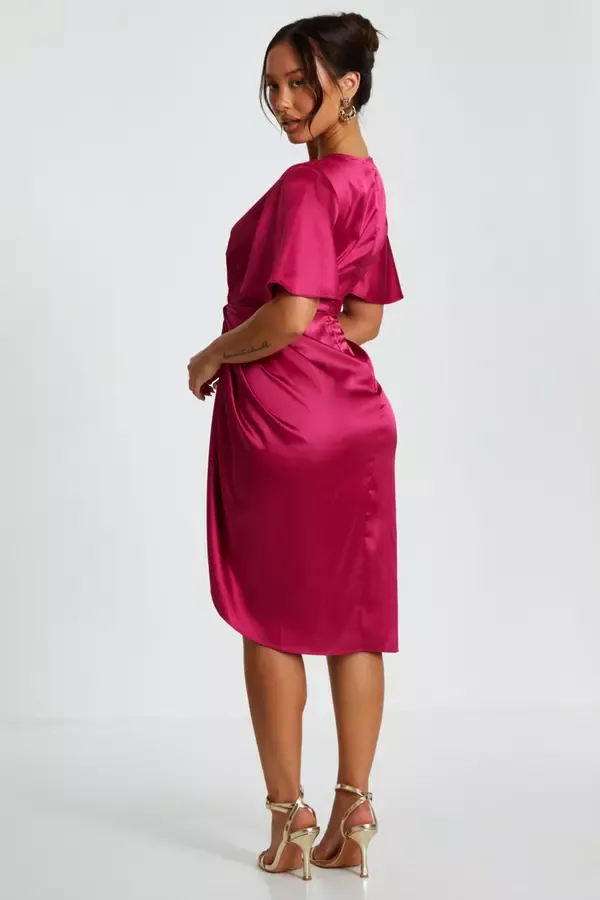 Quiz Clothing Dresses Petite Raspberry Satin Ruched Wrap Midi Dress 8211 Women