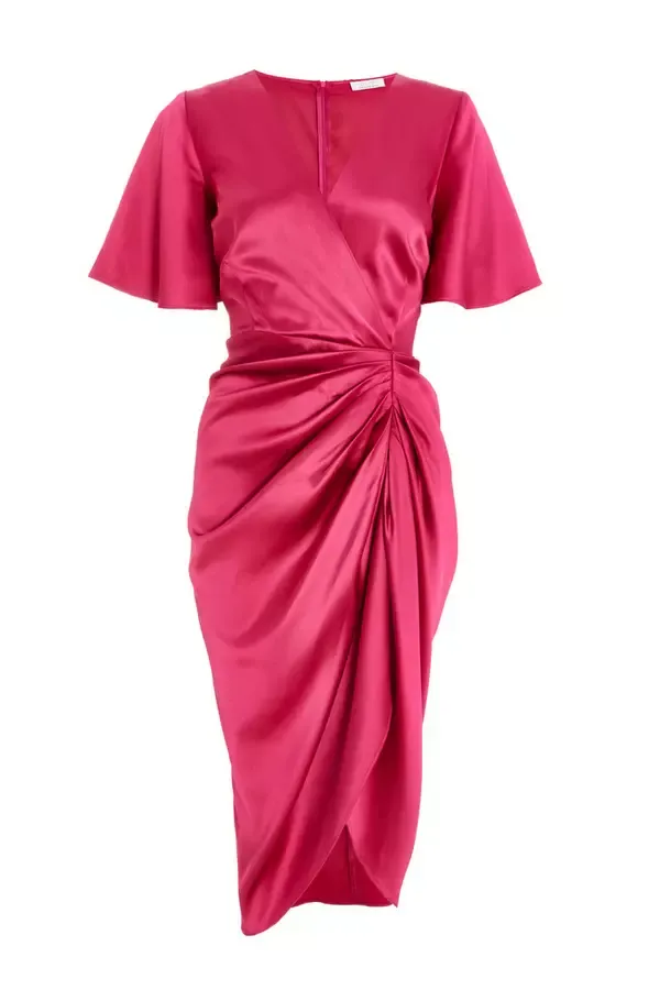 Quiz Clothing Dresses Petite Raspberry Satin Ruched Wrap Midi Dress 8211 Women