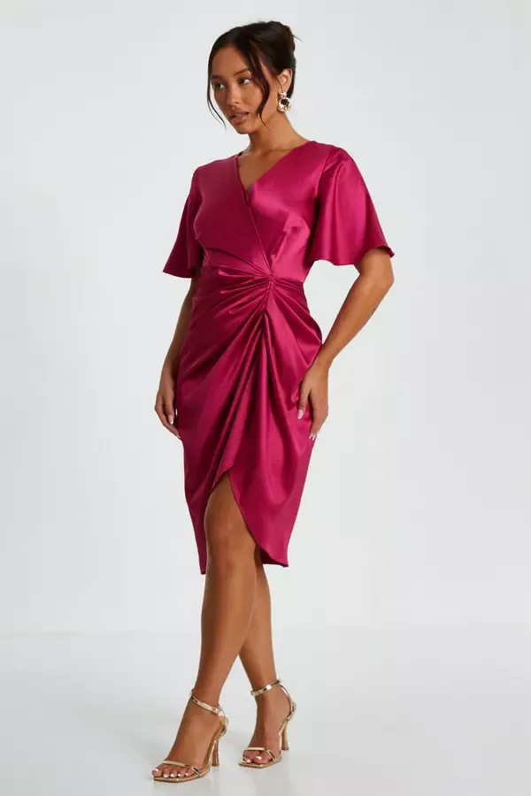 Quiz Clothing Dresses Petite Raspberry Satin Ruched Wrap Midi Dress 8211 Women