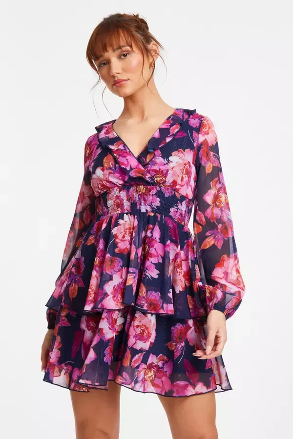 Quiz Clothing Dresses Pink Chiffon Floral Tiered Skater Mini Dress 8211 Women