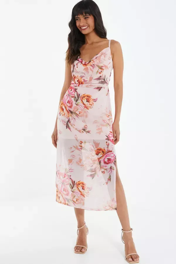 Quiz Clothing Dresses Pink Floral Tie Back Midaxi Dress 8211 Women