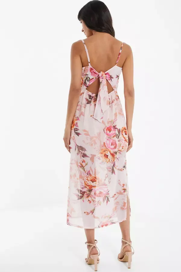 Quiz Clothing Dresses Pink Floral Tie Back Midaxi Dress 8211 Women