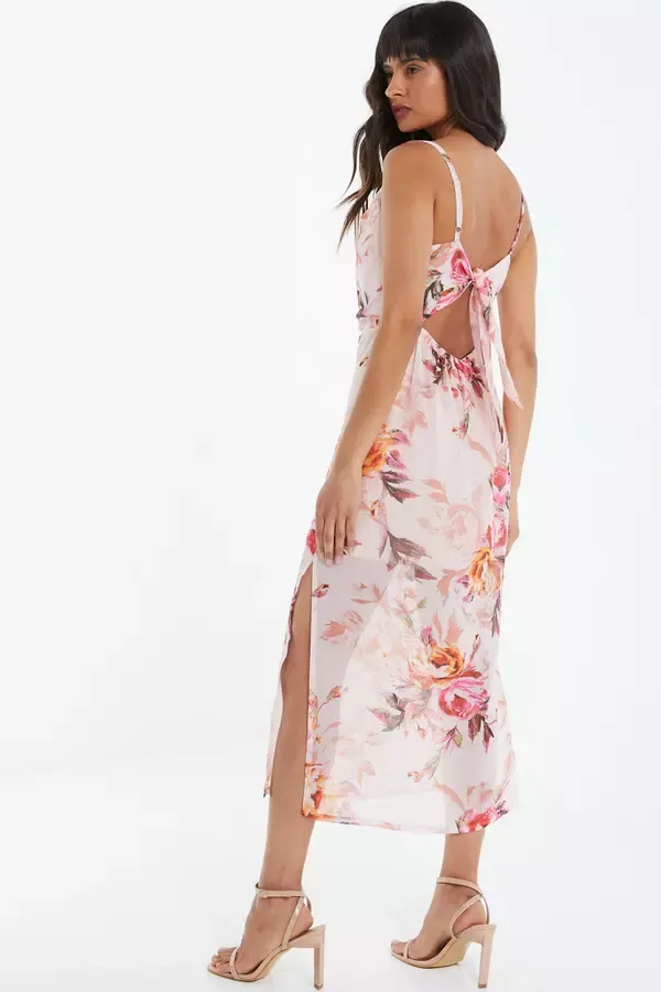 Quiz Clothing Dresses Pink Floral Tie Back Midaxi Dress 8211 Women