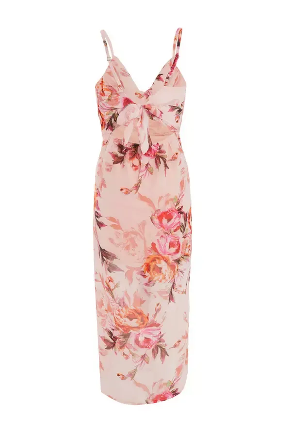 Quiz Clothing Dresses Pink Floral Tie Back Midaxi Dress 8211 Women