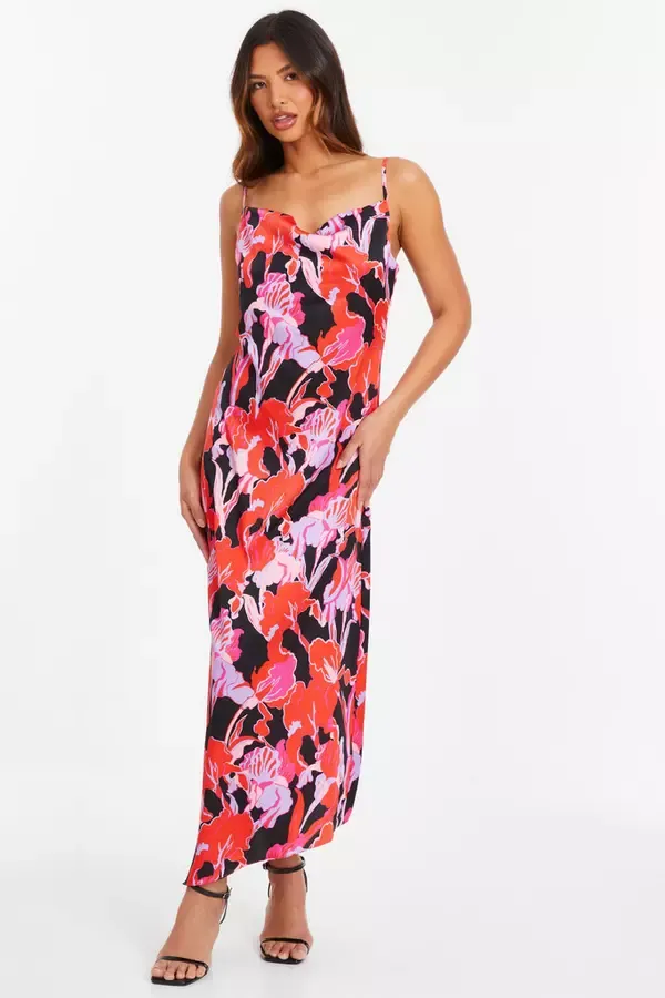 Quiz Clothing Dresses Red Floral Satin Midaxi Dress 8211 Women