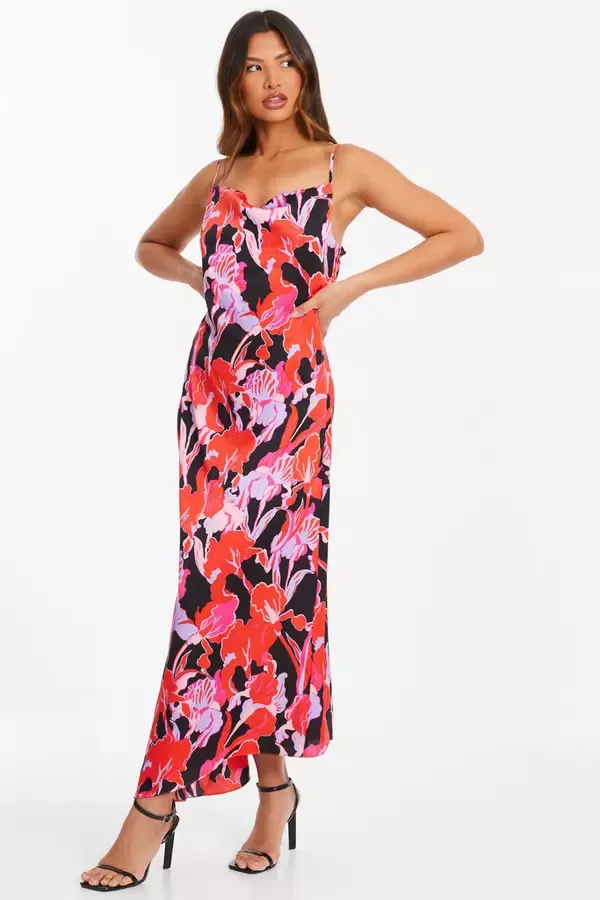 Quiz Clothing Dresses Red Floral Satin Midaxi Dress 8211 Women