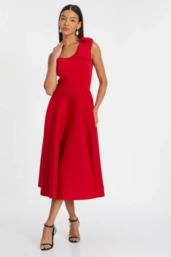 Quiz Clothing Dresses Red One Shoulder Bow Skater Midi Dress 8211 Women