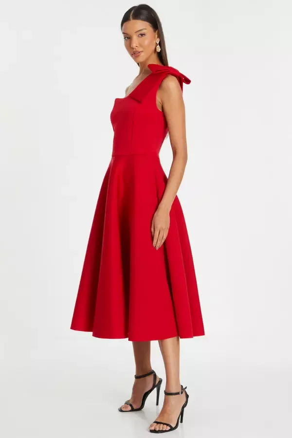 Quiz Clothing Dresses Red One Shoulder Bow Skater Midi Dress 8211 Women