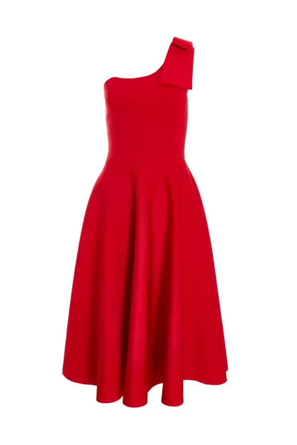Quiz Clothing Dresses Red One Shoulder Bow Skater Midi Dress 8211 Women