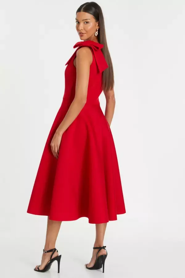 Quiz Clothing Dresses Red One Shoulder Bow Skater Midi Dress 8211 Women