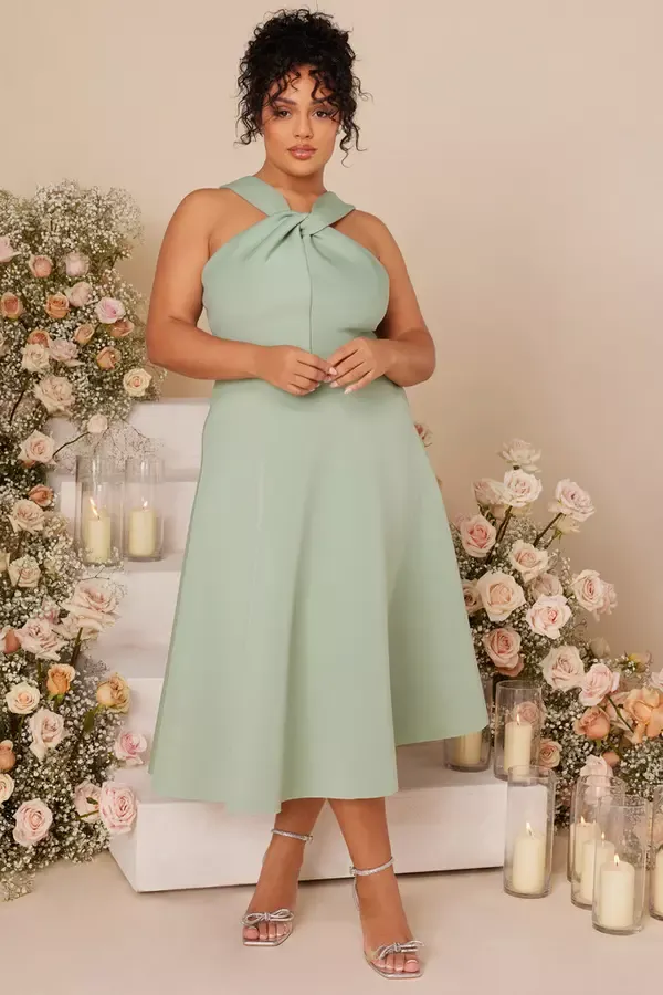 Quiz Clothing Dresses Sage Cross Front Skater Midi Dress 8211 Women