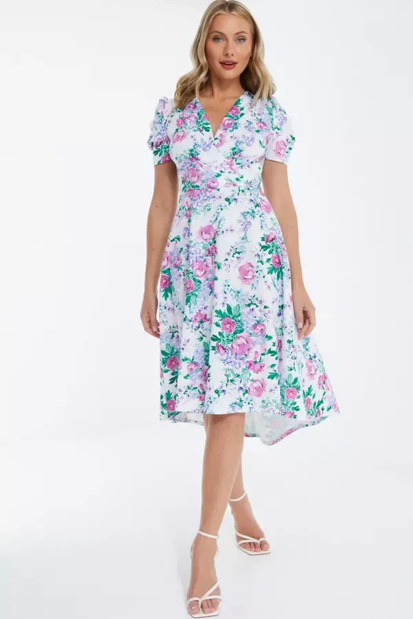 Quiz Clothing Dresses White Floral Puff Sleeve Midi Dress 8211 Women