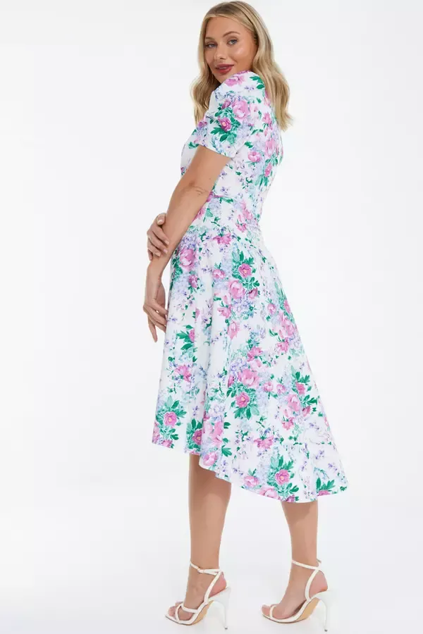 Quiz Clothing Dresses White Floral Puff Sleeve Midi Dress 8211 Women