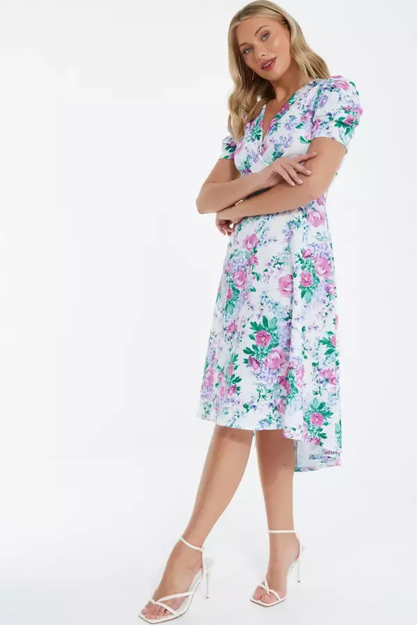 Quiz Clothing Dresses White Floral Puff Sleeve Midi Dress 8211 Women