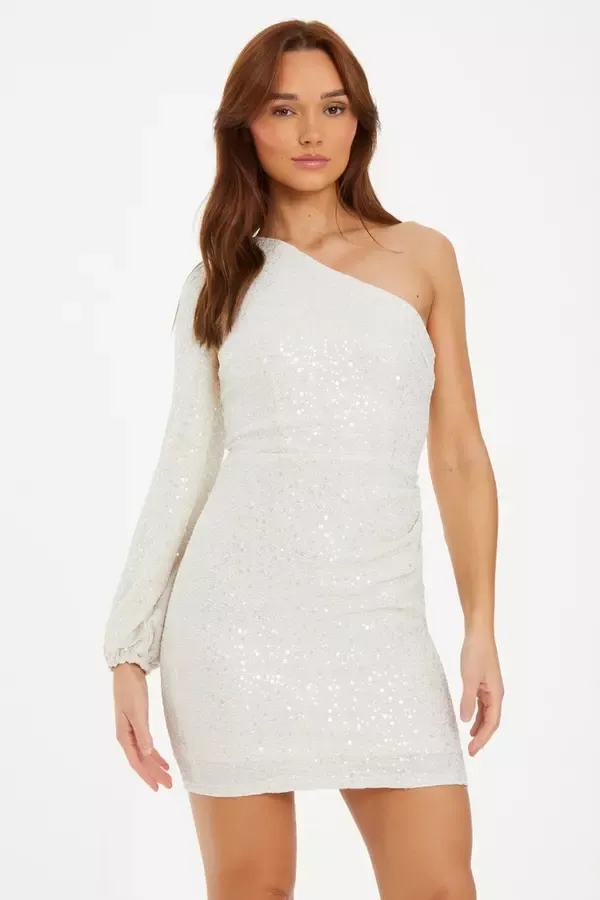 Quiz Clothing Dresses White Sequin One Shoulder Mini Dress 8211 Women