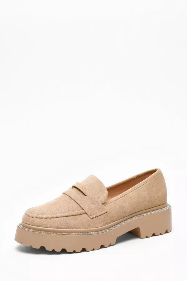 Quiz Clothing Flats Beige Faux Suede Diamante Trim Loafers 8211 Women