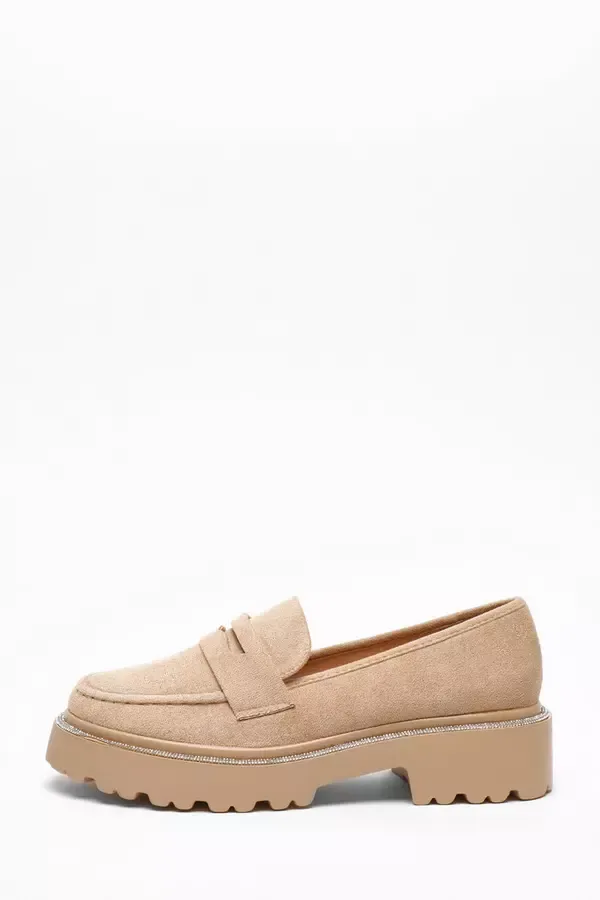 Quiz Clothing Flats Beige Faux Suede Diamante Trim Loafers 8211 Women
