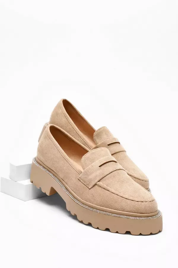 Quiz Clothing Flats Beige Faux Suede Diamante Trim Loafers 8211 Women