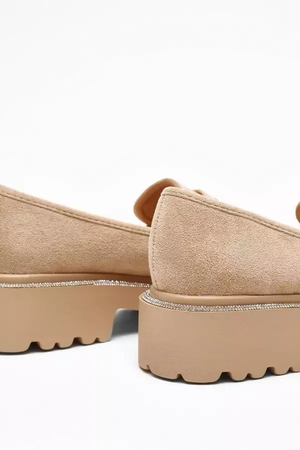 Quiz Clothing Flats Beige Faux Suede Diamante Trim Loafers 8211 Women