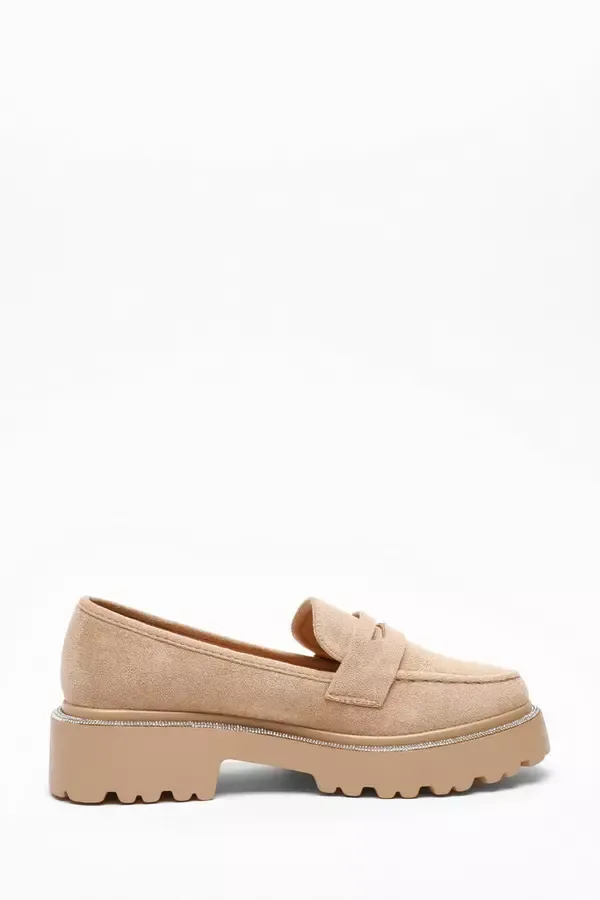 Quiz Clothing Flats Beige Faux Suede Diamante Trim Loafers 8211 Women