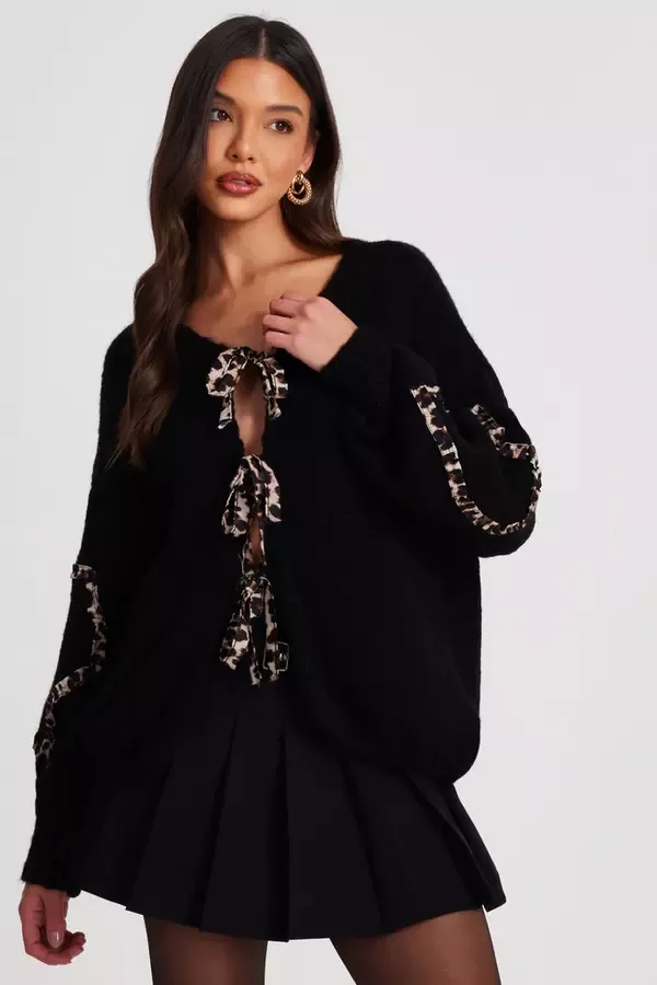 Quiz Clothing Going Out Black Knit Leopard Trim Cardigan 8211 Women