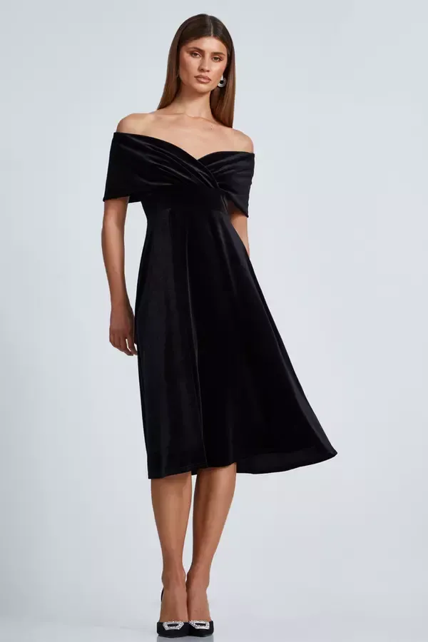 Quiz Clothing Going Out Black Velvet Bardot Midi Dress 8211 Women