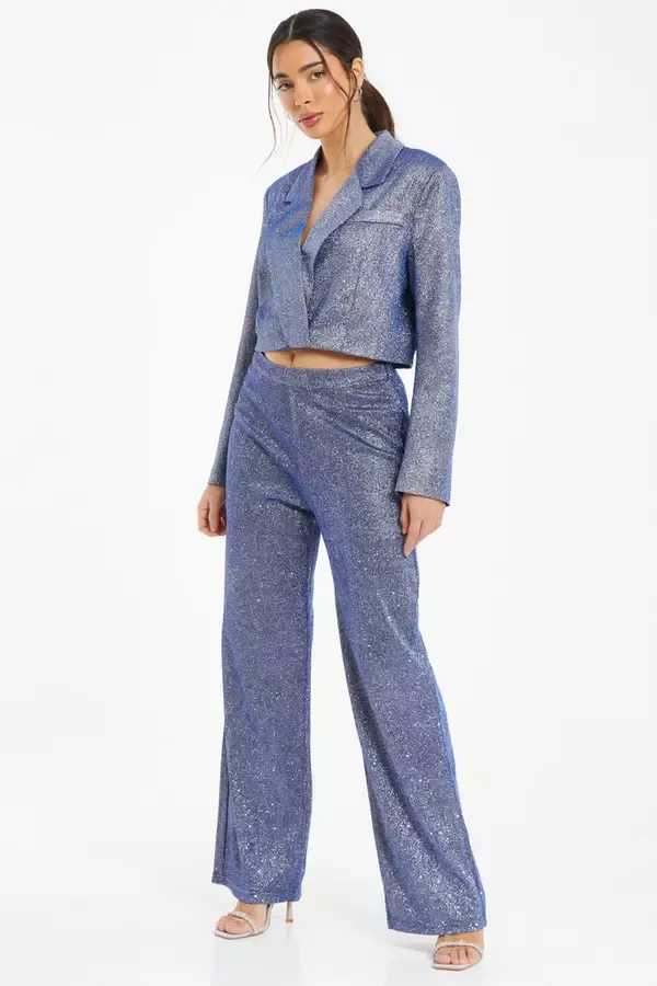 Quiz Clothing Going Out Blue Glitter Palazzo Trousers 8211 Women
