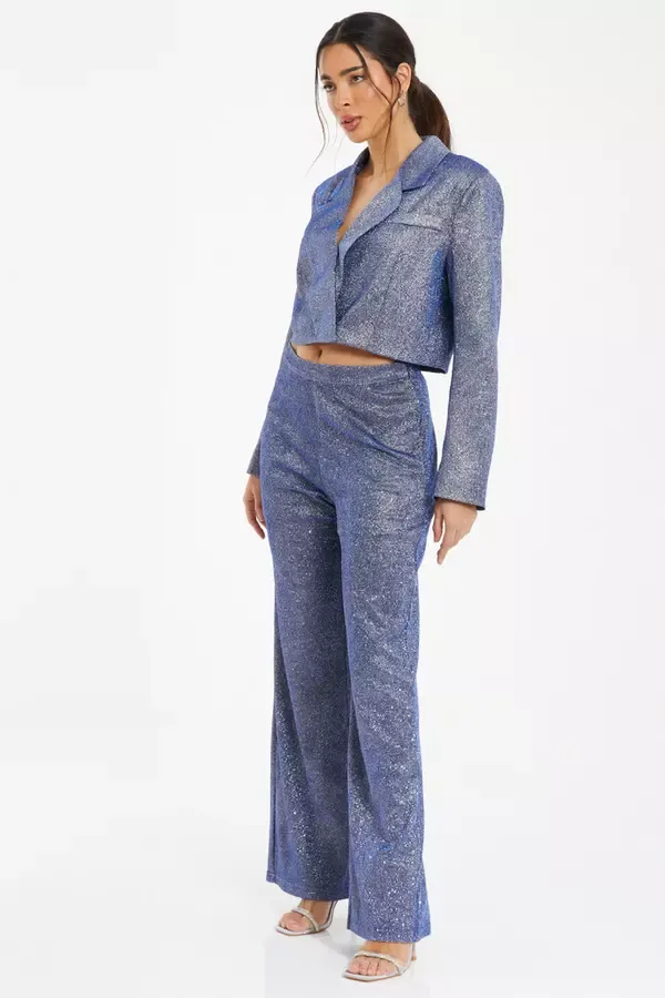 Quiz Clothing Going Out Blue Glitter Palazzo Trousers 8211 Women