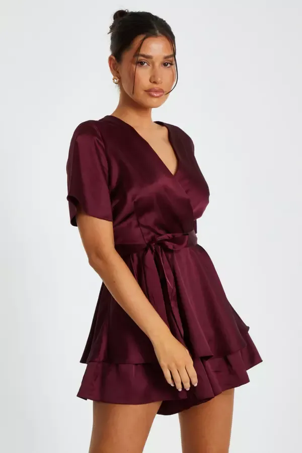 Quiz Clothing Going Out Dark Red Satin Wrap Tiered Playsuit 8211 Women