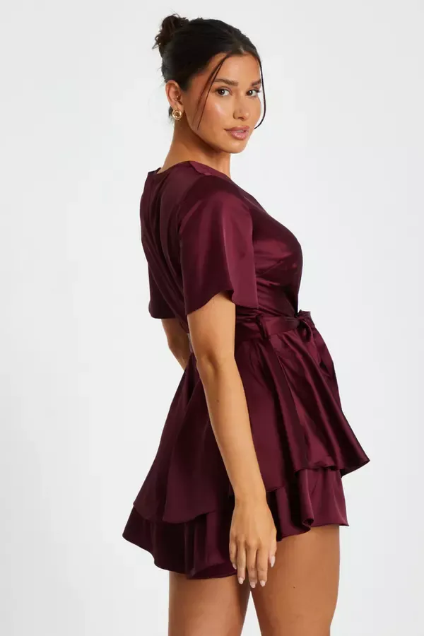 Quiz Clothing Going Out Dark Red Satin Wrap Tiered Playsuit 8211 Women