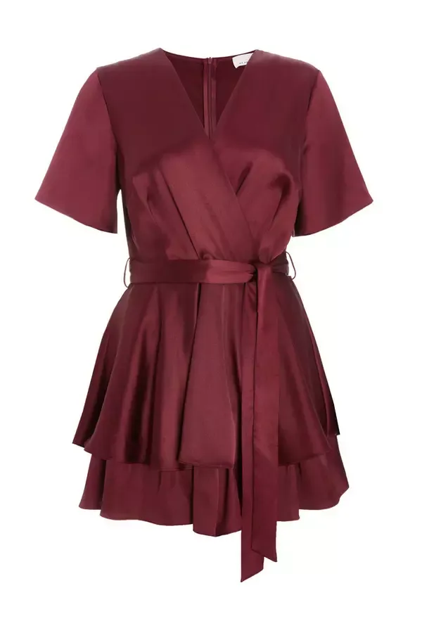 Quiz Clothing Going Out Dark Red Satin Wrap Tiered Playsuit 8211 Women