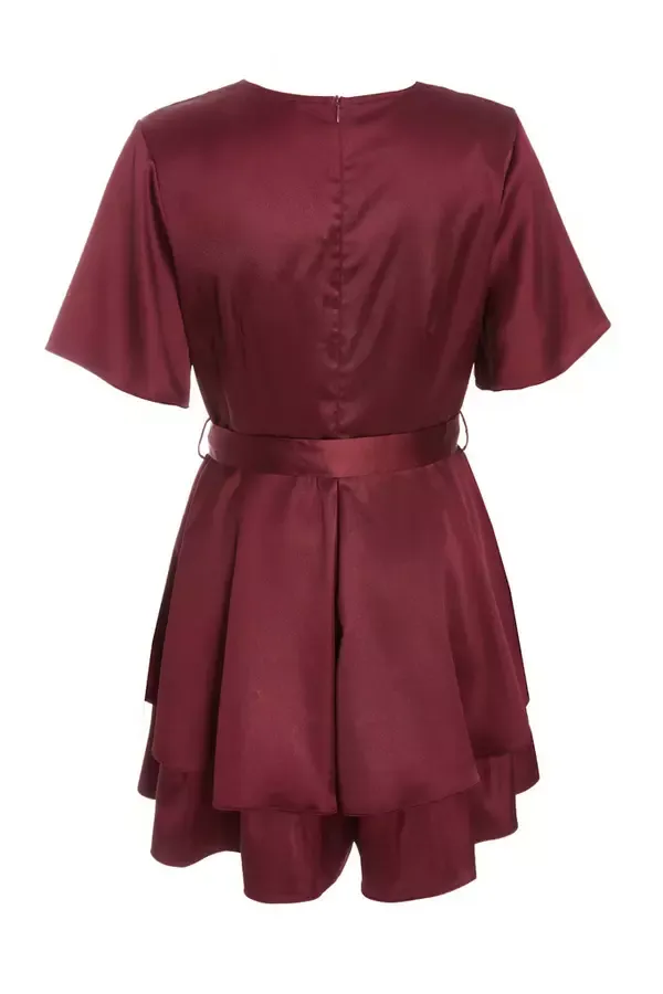 Quiz Clothing Going Out Dark Red Satin Wrap Tiered Playsuit 8211 Women