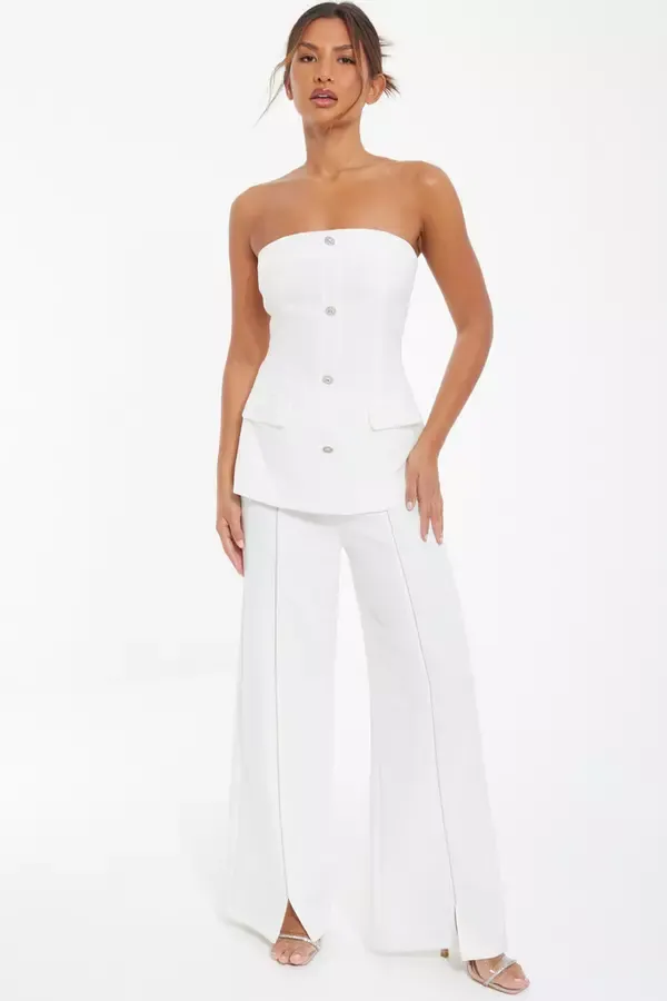 Quiz Clothing Going Out White Embellished Trim Wide Leg Trousers 8211 Women