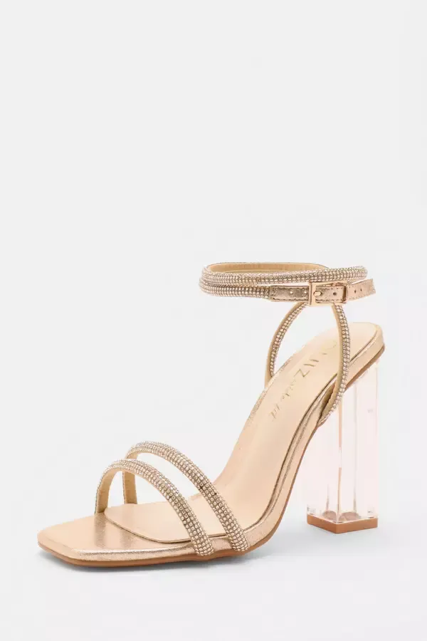 Quiz Clothing Heels Wide Fit Gold Diamante Clear Heeled Sandals 8211 Women