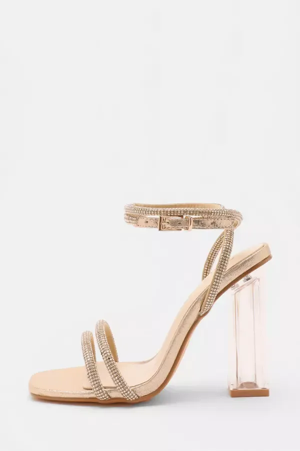 Quiz Clothing Heels Wide Fit Gold Diamante Clear Heeled Sandals 8211 Women