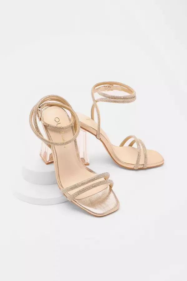 Quiz Clothing Heels Wide Fit Gold Diamante Clear Heeled Sandals 8211 Women