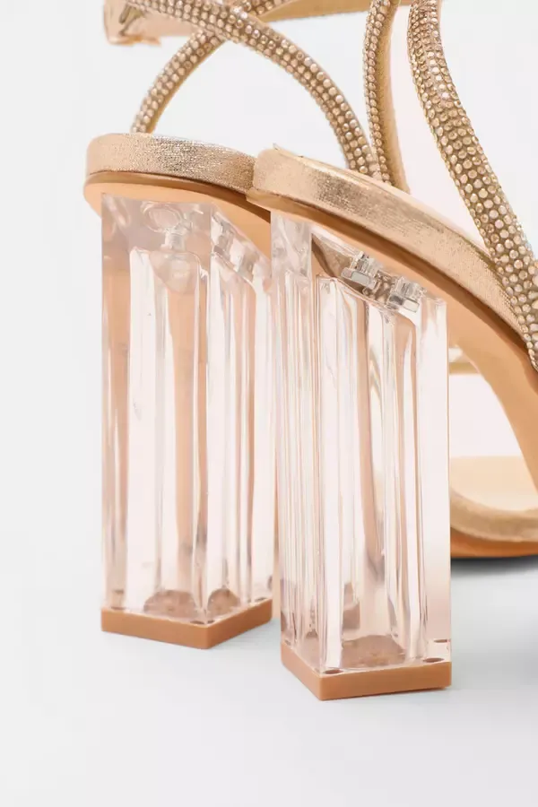 Quiz Clothing Heels Wide Fit Gold Diamante Clear Heeled Sandals 8211 Women