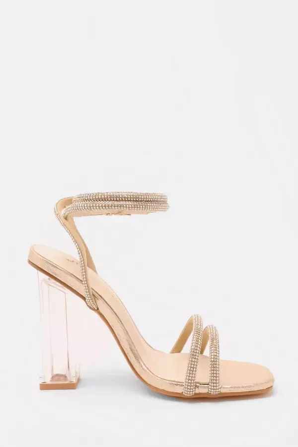 Quiz Clothing Heels Wide Fit Gold Diamante Clear Heeled Sandals 8211 Women