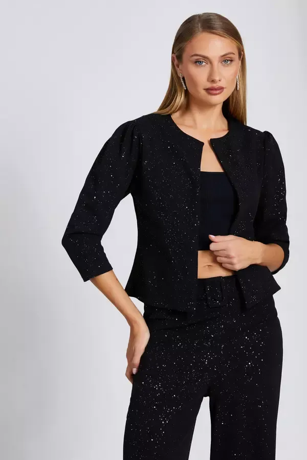 Quiz Clothing Jackets and Coats Black Glitter Cropped Jacket 8211 Women