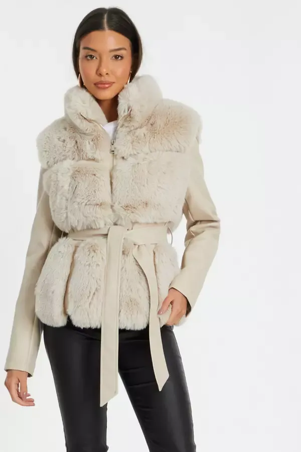 Quiz Clothing Jackets and Coats Stone Faux Fur Contrast Belted Jacket 8211 Women