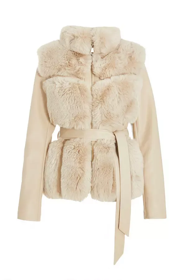 Quiz Clothing Jackets and Coats Stone Faux Fur Contrast Belted Jacket 8211 Women Quiz Clothing Jackets and Coats Stone Faux Fur Contrast Belted Jacket 8211 Women